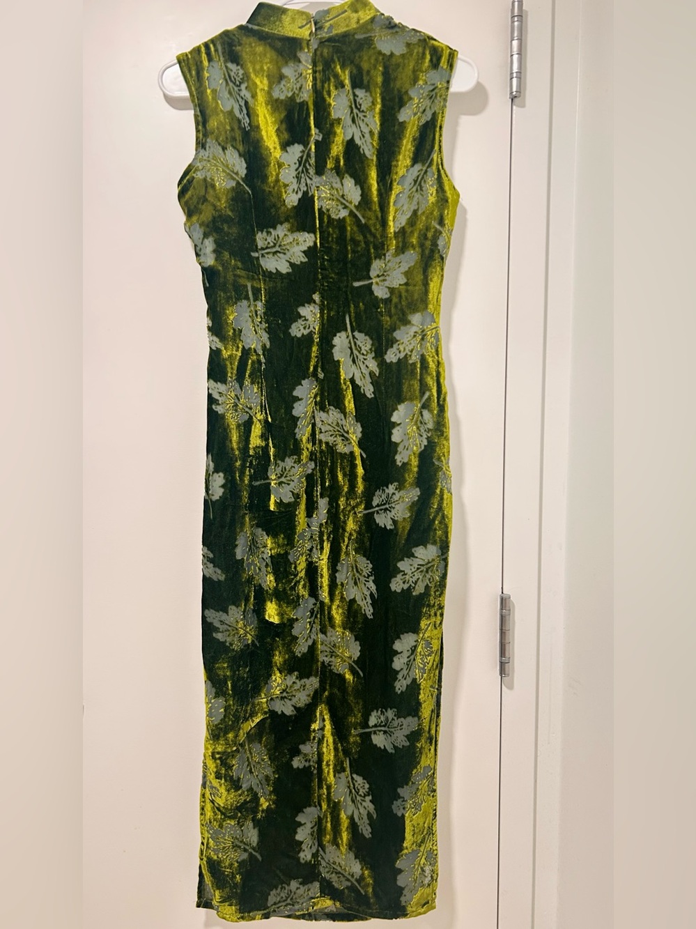 Sleeveless Silk Velvet Leaf-Print Midi Dress QiPao in Dark Olive Green